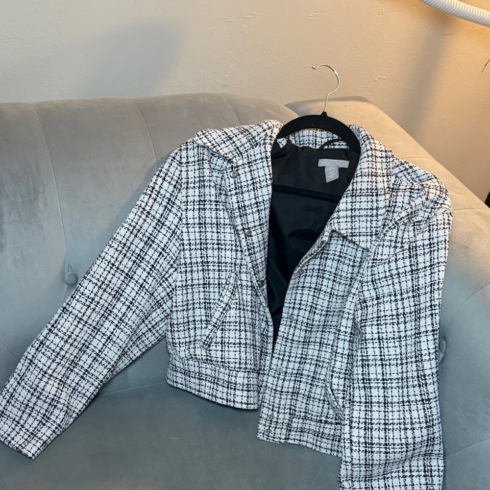 Zara Black and White Tweed Bomber Jacket